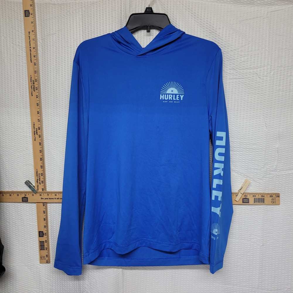 Hurley Mens Small Blue Long Sleeve Hooded Rash Guard Sun Shirt Logo Graphic